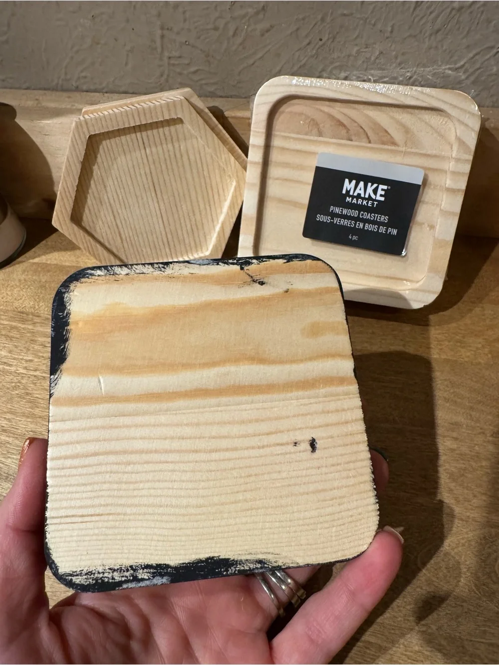 Set of 7- Mixed shape pinewood coasters